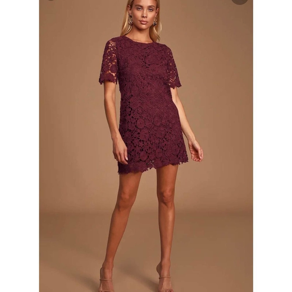 Lulus Complete Perfection Burgendy Lace Short Sleeve Mini Dress
